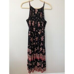 Angie Womens Maxi Dress 1X Smocked Boho Tiered Dark Romantic Cottage Prairie